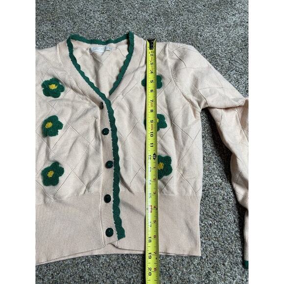 Belle Poque Retro Cream Green Floral Crop Cardigan Sweater Size Medium - Picture 6 of 7